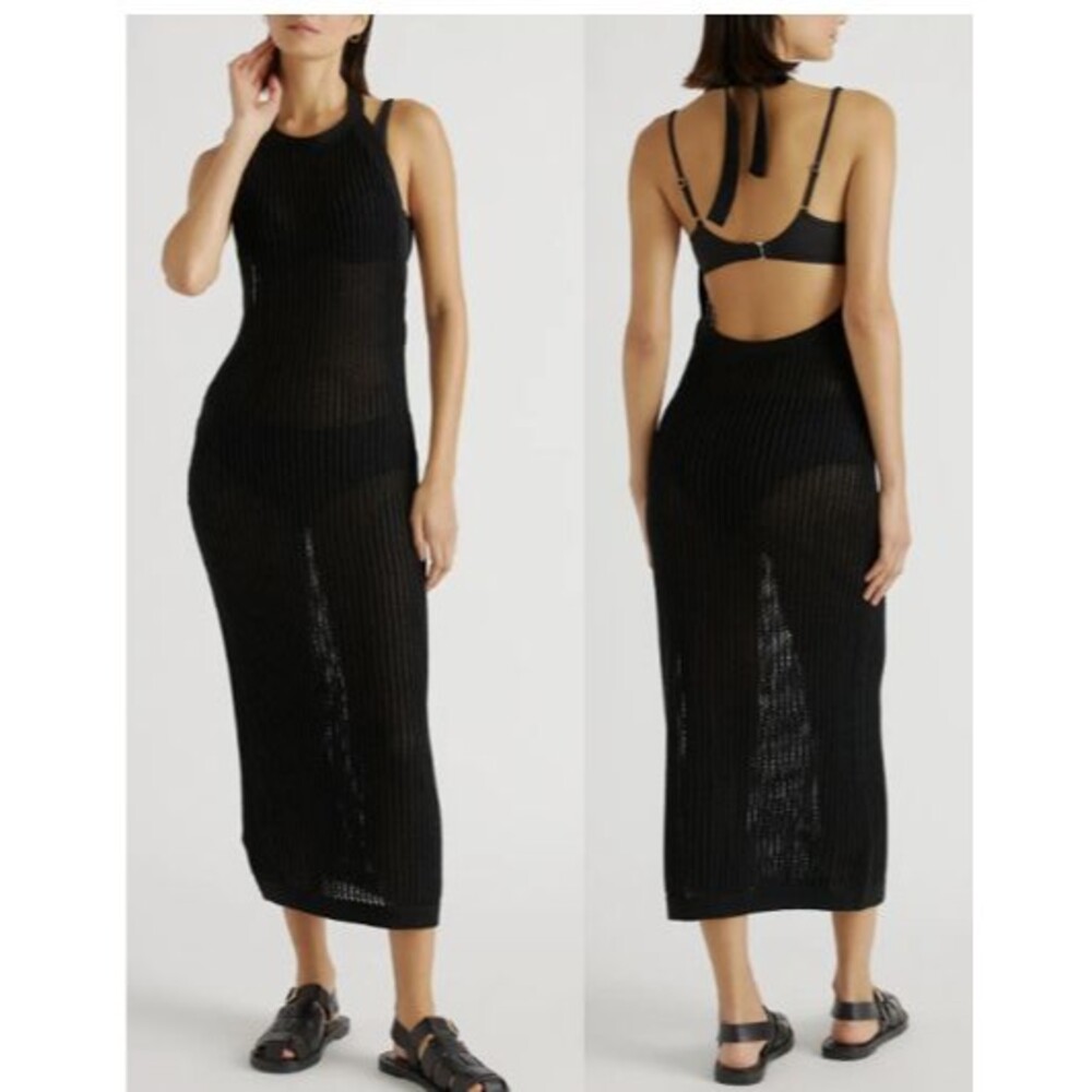 Quince 100% Organic Cotton Open-Knit Cover-Up Maxi Dress Size M Black Open Back